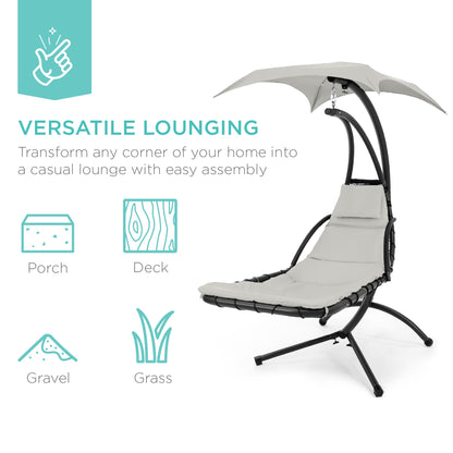 Hanging Curved Chaise Lounge Chair w/ Built-In Pillow, Removable Canopy