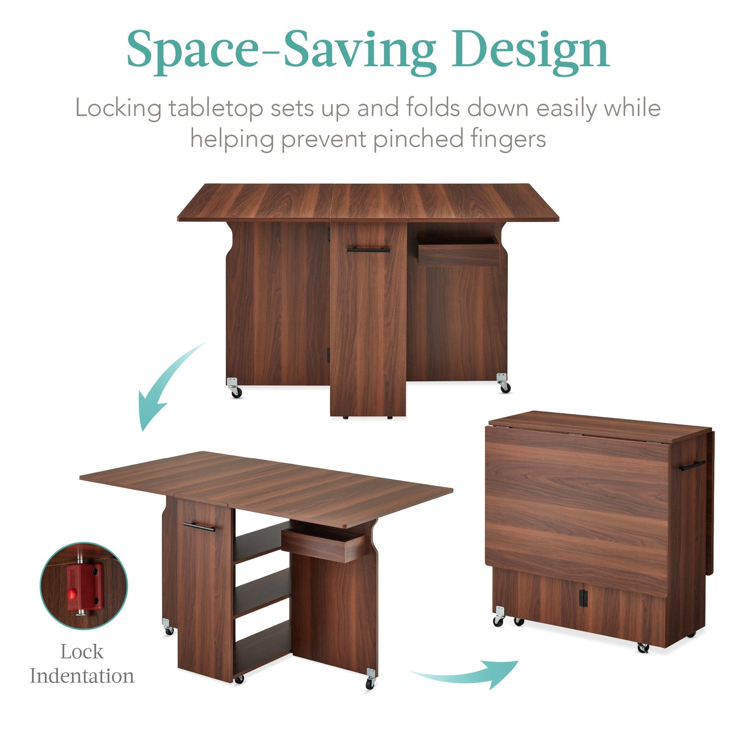 Multipurpose Folding Table w/ Wheels, 3 Storage Shelves, Cubby, Handle