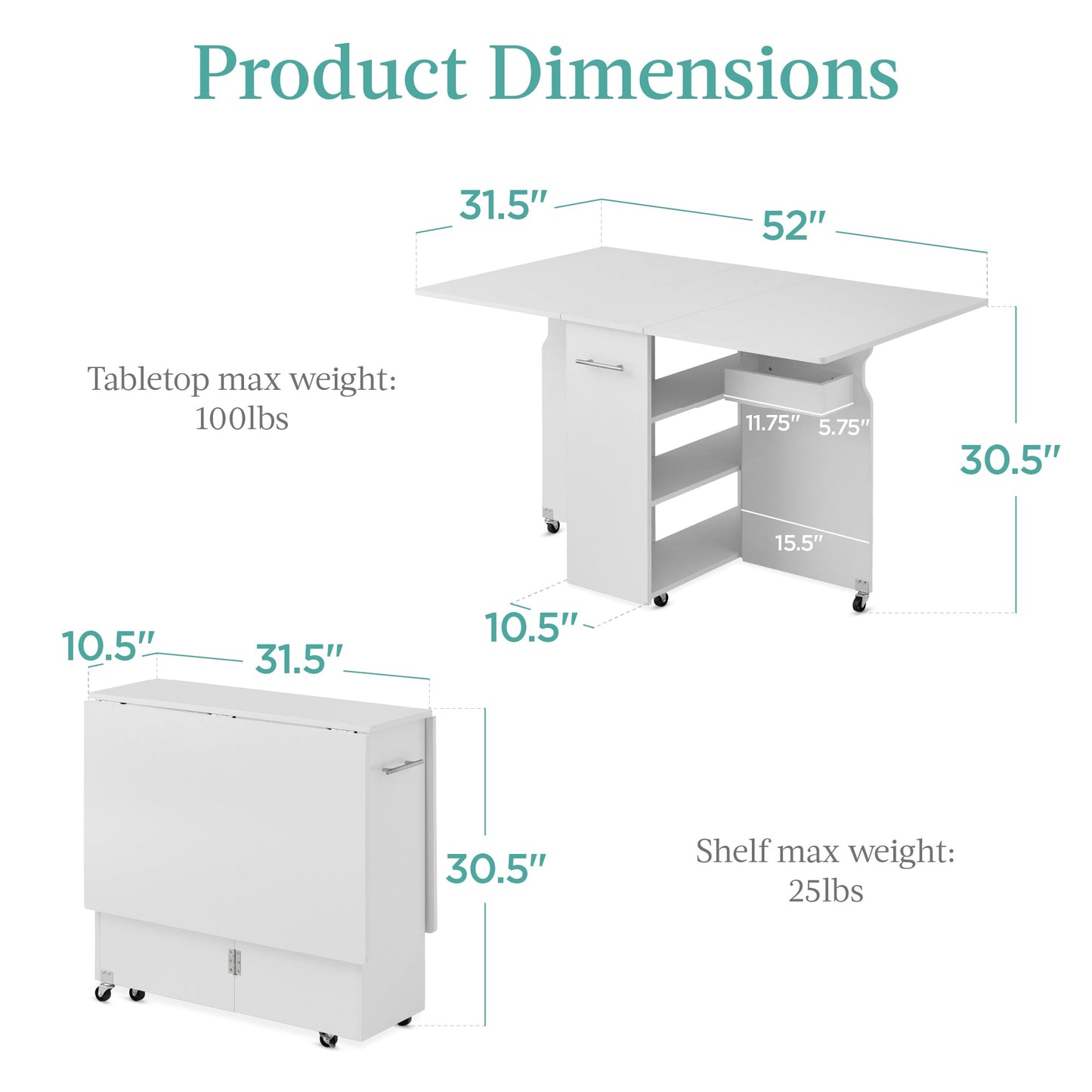 Multipurpose Folding Table w/ Wheels, 3 Storage Shelves, Cubby, Handle