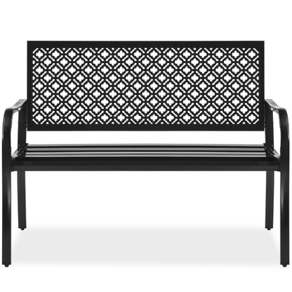 Indoor Outdoor Steel Bench w/ Geometric Backrest, Foot Levelers