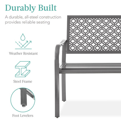 Indoor Outdoor Steel Bench w/ Geometric Backrest, Foot Levelers