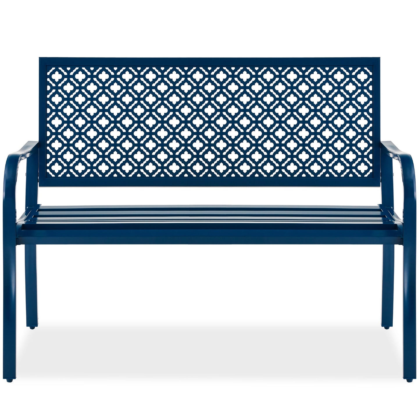 Indoor Outdoor Steel Bench w/ Geometric Backrest, Foot Levelers