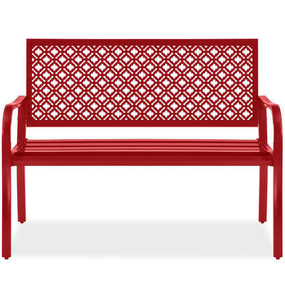 Indoor Outdoor Steel Bench w/ Geometric Backrest, Foot Levelers