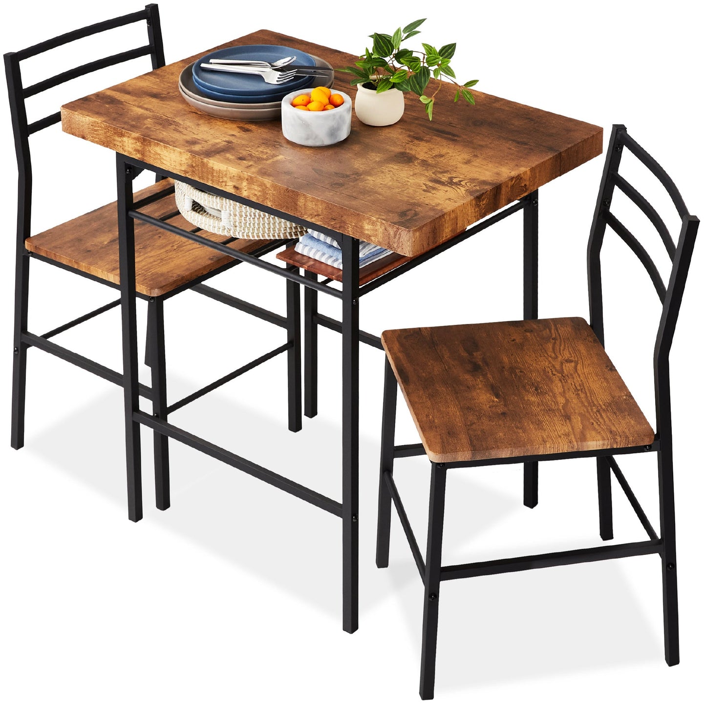 3-Piece Modern Square Dining Set w/ Storage Rack