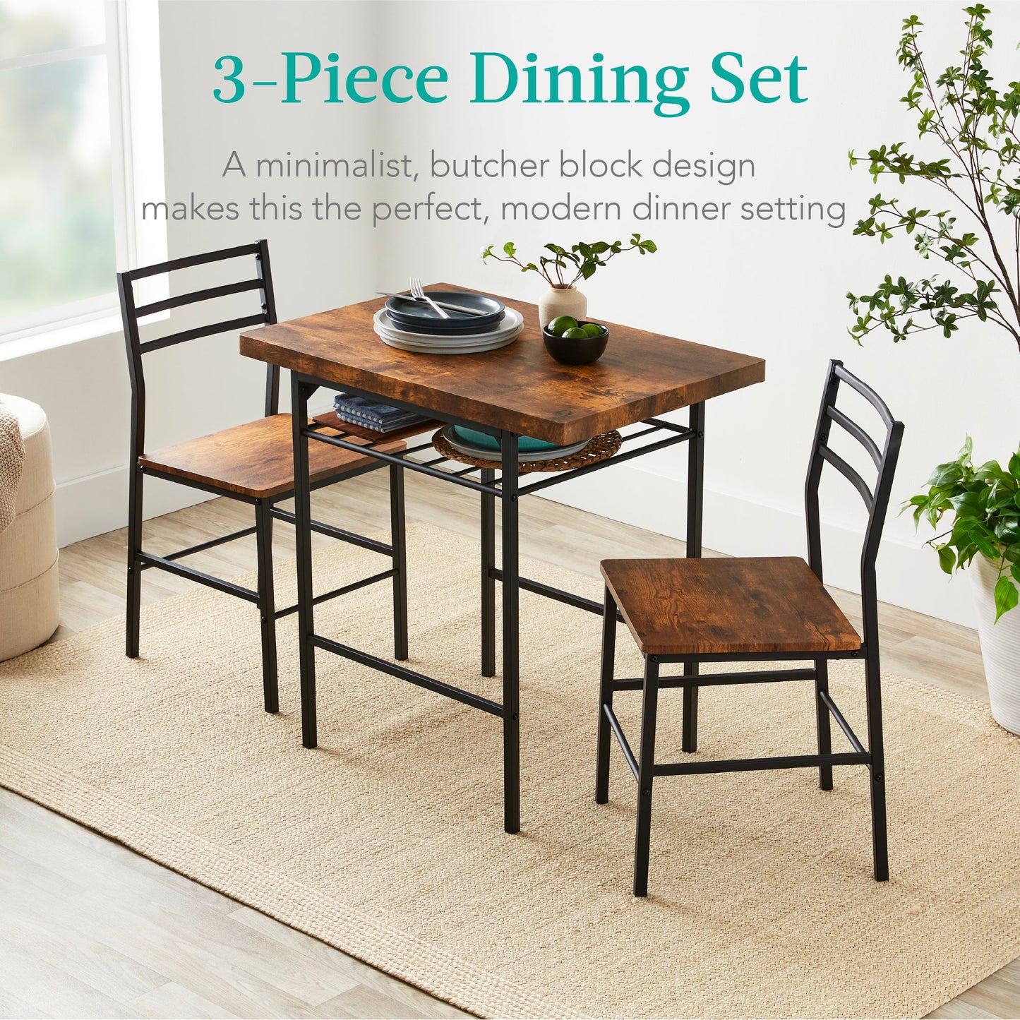 3-Piece Modern Square Dining Set w/ Storage Rack