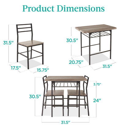 3-Piece Modern Square Dining Set w/ Storage Rack