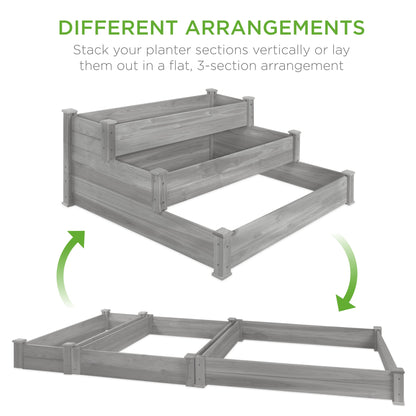 3-Tier Raised Fir Wood Garden Bed Planter w/ Stackable & Flat Setup