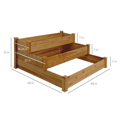 3-Tier Raised Fir Wood Garden Bed Planter w/ Stackable & Flat Setup