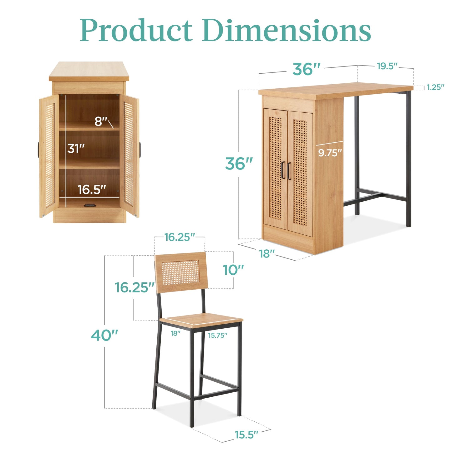 3-Piece Counter Height Rattan Kitchen Dining Table Set w/ Storage Shelves