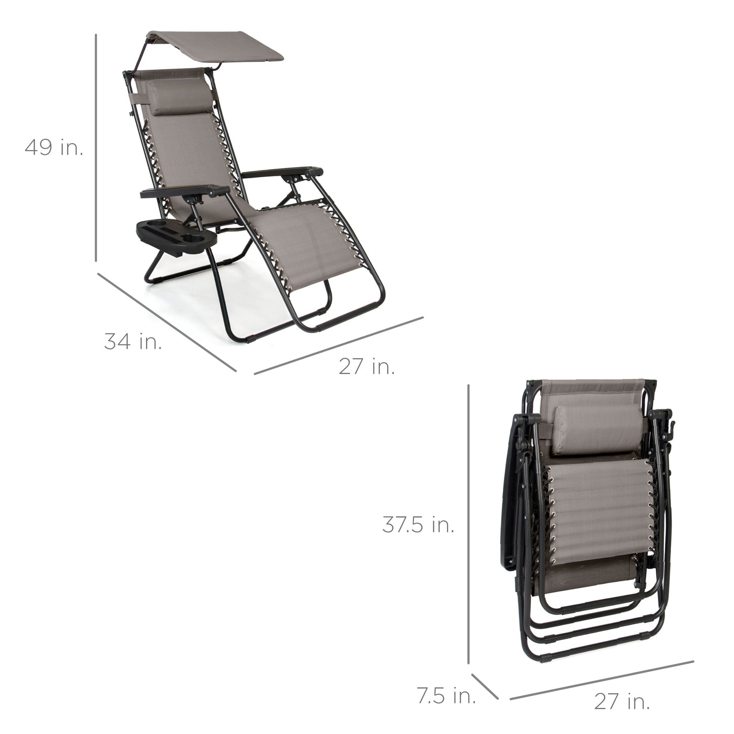 Folding Zero Gravity Recliner Patio Lounge Chair w/ Canopy, Side Tray