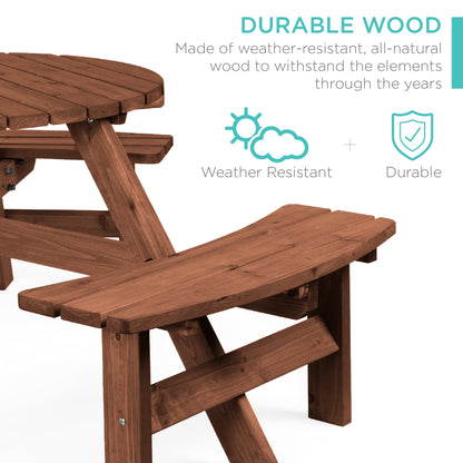 6-Person Circular Wooden Picnic Table w/ Umbrella Hole, 3 Benches