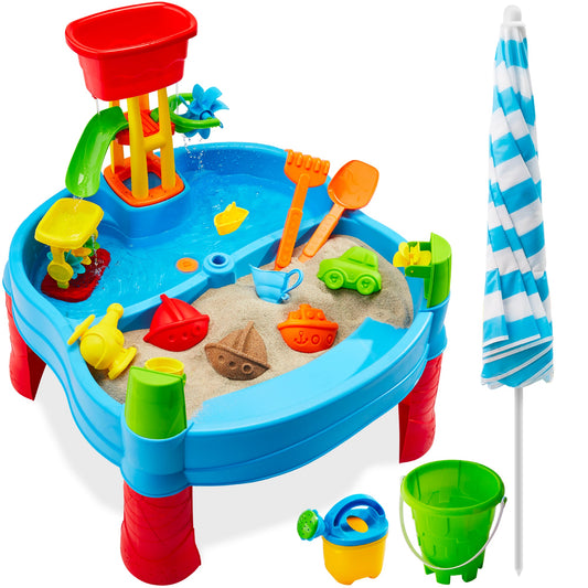 Kids Outdoor Sand & Water Table w/ 18 Accessories, Adjustable Umbrella