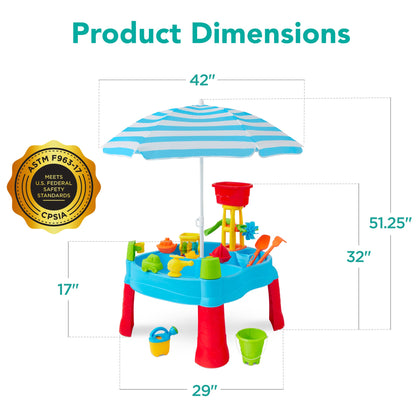 Kids Outdoor Sand & Water Table w/ 18 Accessories, Adjustable Umbrella