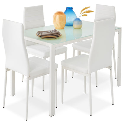 5-Piece Dining Table Set w/ Glass Top, Leather Chairs