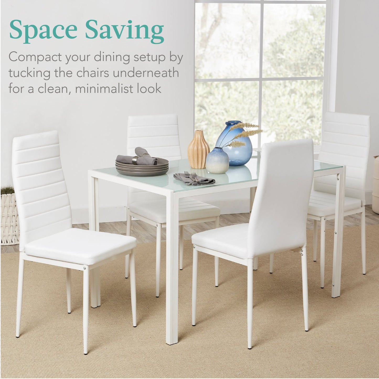5-Piece Dining Table Set w/ Glass Top, Leather Chairs