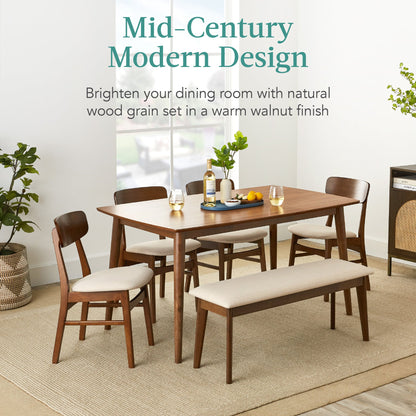 6-Piece Mid-Century Modern Upholstered Wooden Dining Set w/ 4 Chairs, Bench