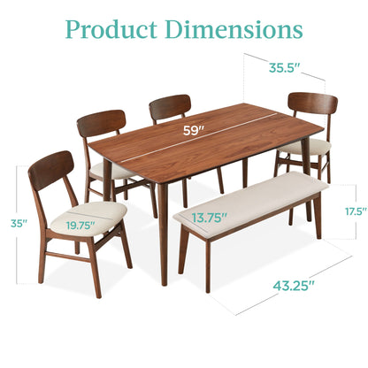 6-Piece Mid-Century Modern Upholstered Wooden Dining Set w/ 4 Chairs, Bench