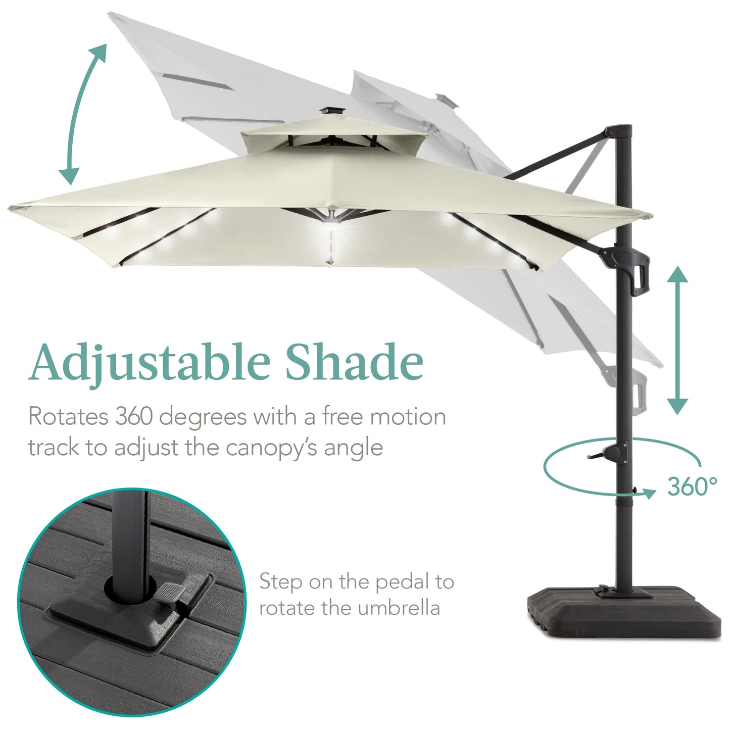 2-Tier Square LED Cantilever Offset Umbrella w/ 360 Rotation, Base - 10x10ft