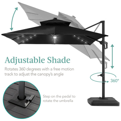 2-Tier Square LED Cantilever Offset Umbrella w/ 360 Rotation, Base - 10x10ft