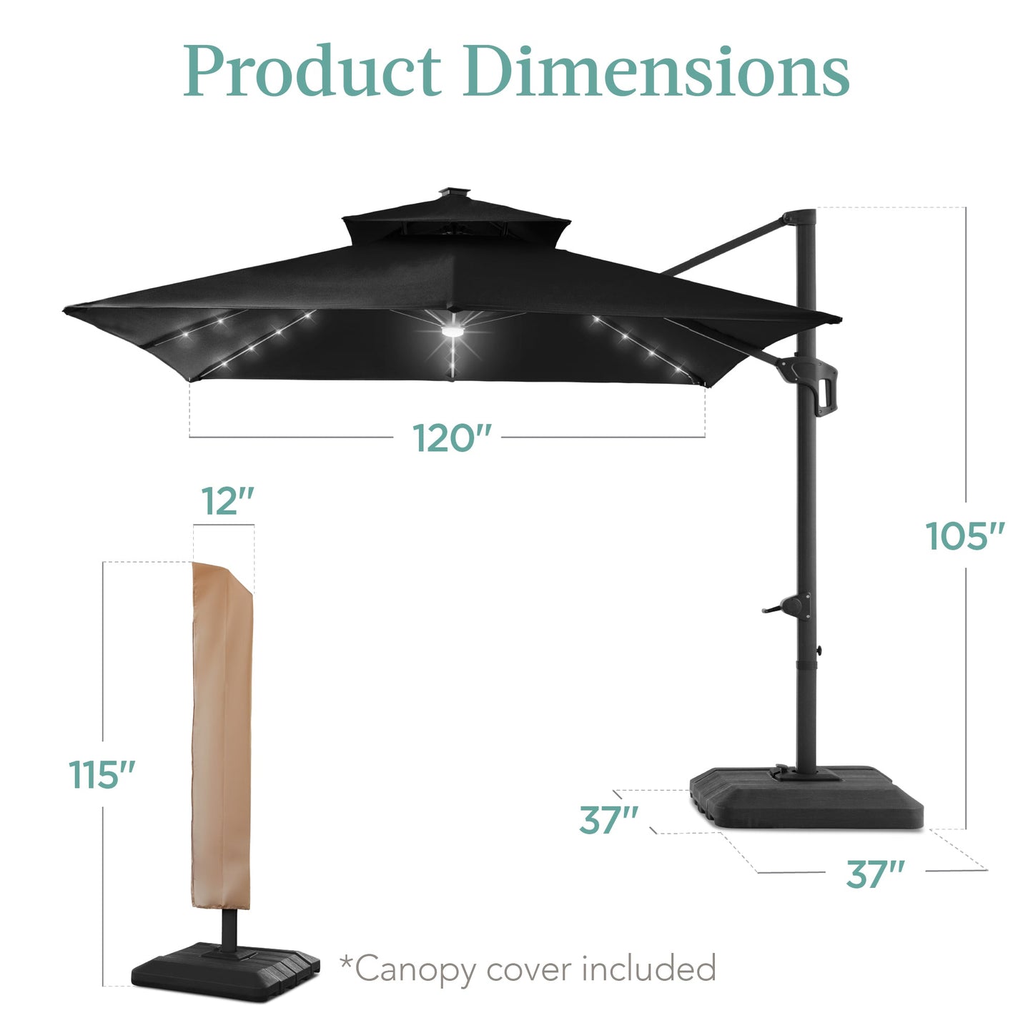 2-Tier Square LED Cantilever Offset Umbrella w/ 360 Rotation, Base - 10x10ft