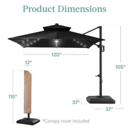 2-Tier Square LED Cantilever Offset Umbrella w/ 360 Rotation, Base - 10x10ft