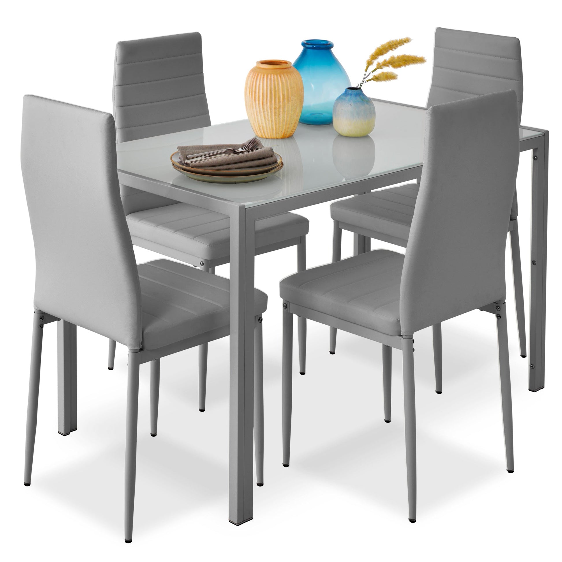 5-Piece Dining Table Set w/ Glass Top, Leather Chairs