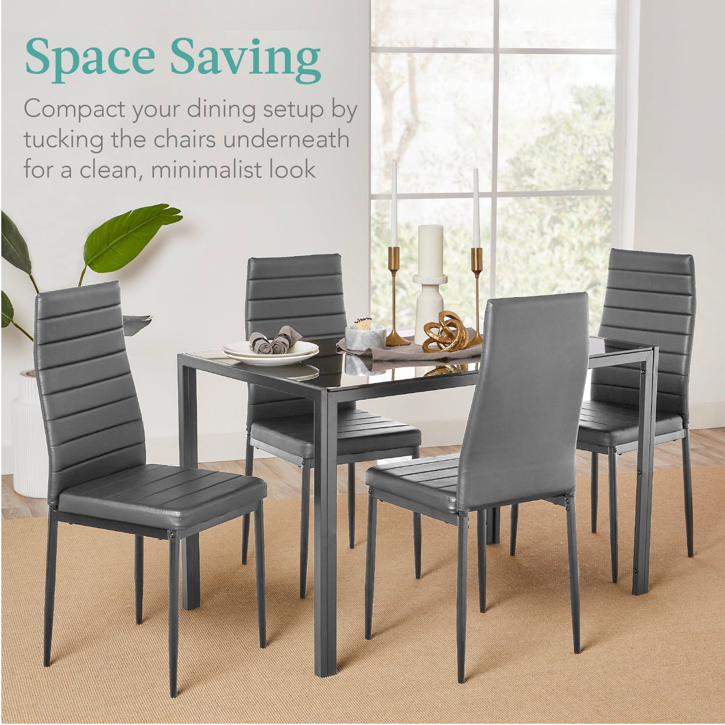 5-Piece Dining Table Set w/ Glass Top, Leather Chairs