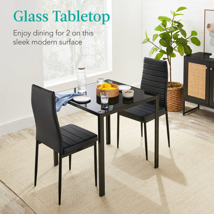 3-Piece Dining Table Set w/ Glass Top, Leather Chairs