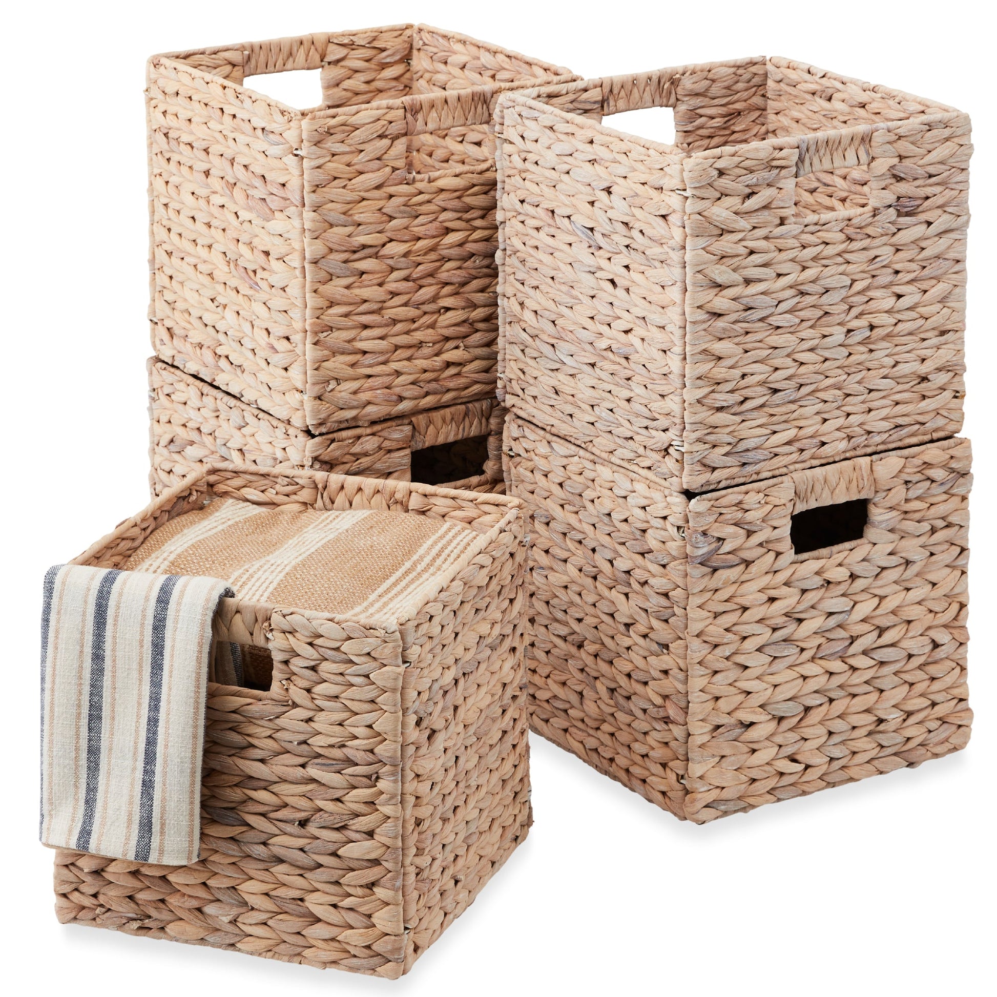 Set of 5 Collapsible Hyacinth Storage Baskets w/ Inserts - 10.5x10.5in