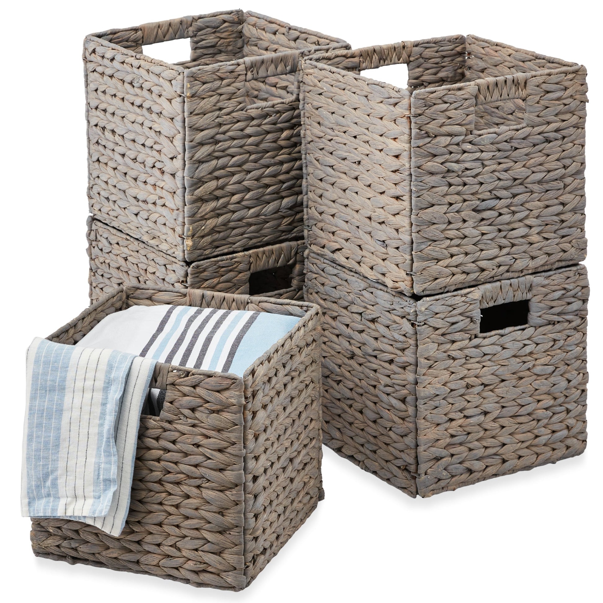 Set of 5 Collapsible Hyacinth Storage Baskets w/ Inserts - 12x12in