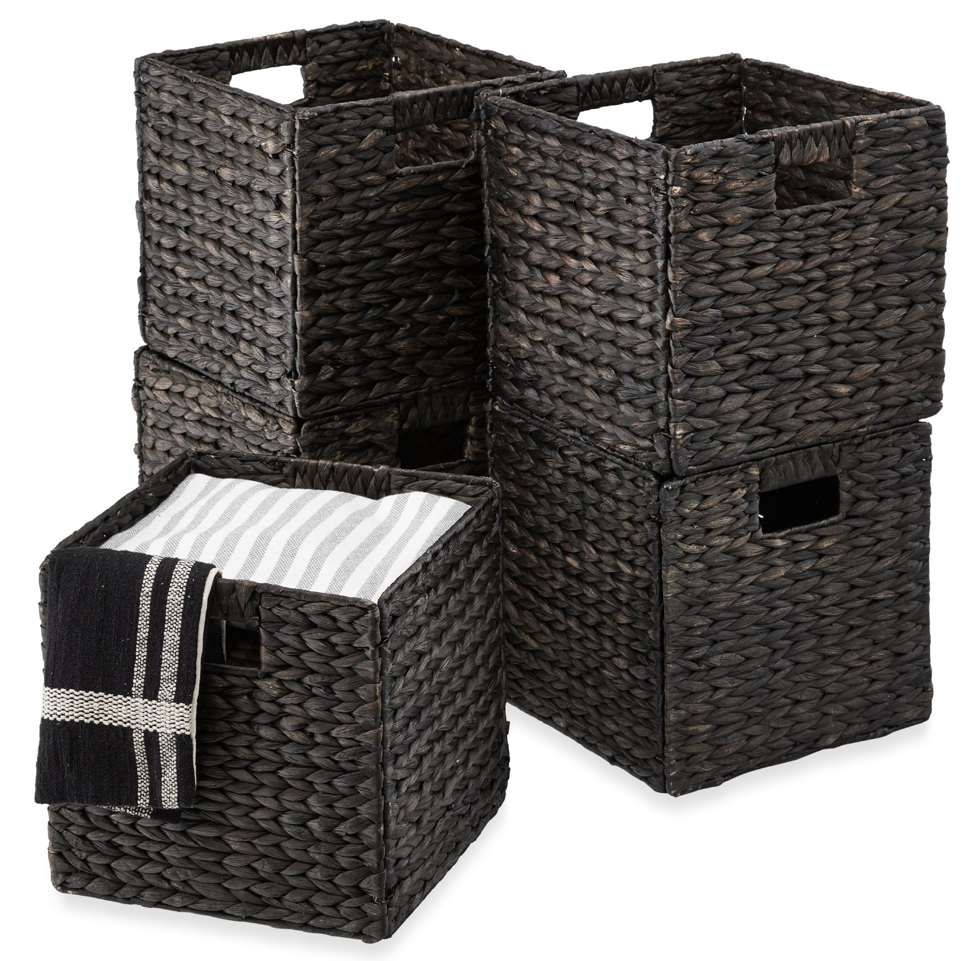 Set of 5 Collapsible Hyacinth Storage Baskets w/ Inserts - 12x12in