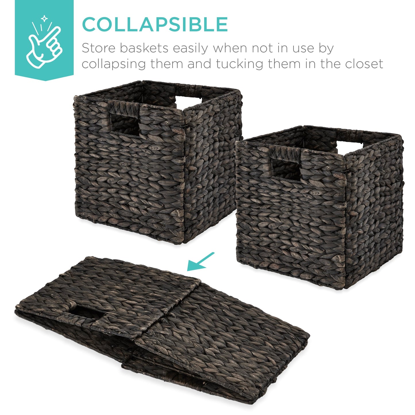 Set of 5 Collapsible Hyacinth Storage Baskets w/ Inserts - 12x12in