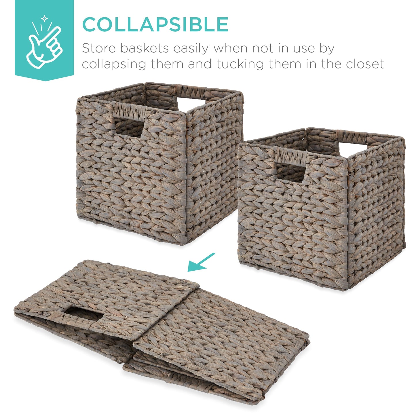 Set of 5 Collapsible Hyacinth Storage Baskets w/ Inserts - 13x13in