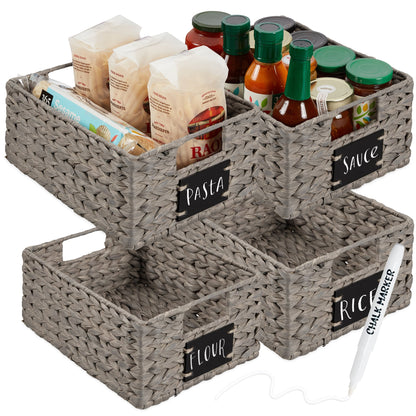 Set of 4 Water Hyacinth Pantry Baskets w/ Chalkboard, Marker - 12in