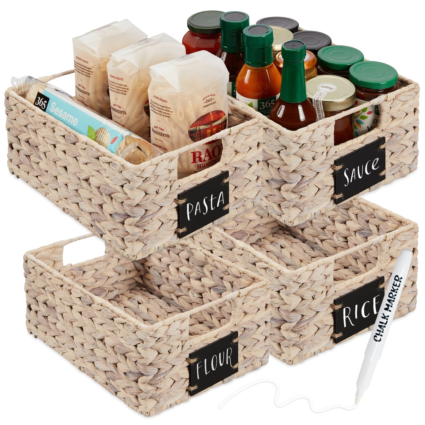 Set of 4 Water Hyacinth Pantry Baskets w/ Chalkboard, Marker - 12in