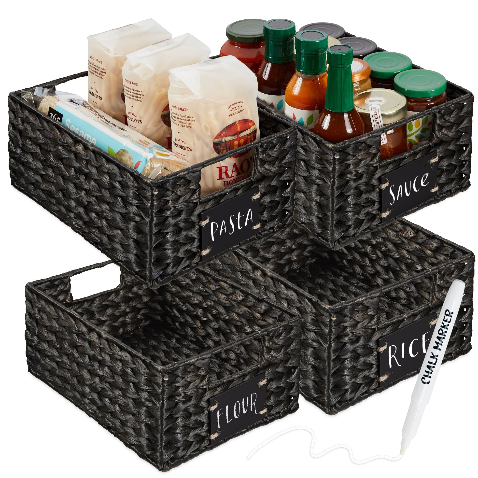 Set of 4 Water Hyacinth Pantry Baskets w/ Chalkboard, Marker - 12in