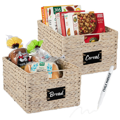 Set of 2 Water Hyacinth Pantry Baskets w/ Chalkboard, Marker - 16in