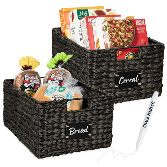 Set of 2 Water Hyacinth Pantry Baskets w/ Chalkboard, Marker - 16in