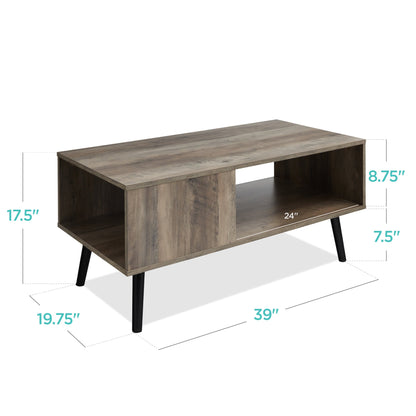 Wooden Mid-Century Modern Coffee Accent Table w/ Open Storage Shelf