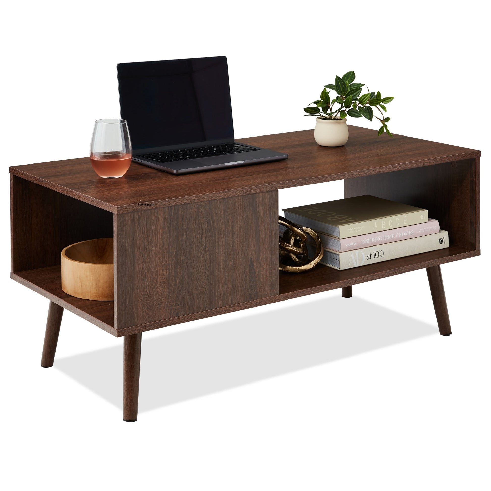 Wooden Mid-Century Modern Coffee Accent Table w/ Open Storage Shelf
