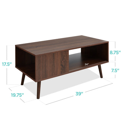 Wooden Mid-Century Modern Coffee Accent Table w/ Open Storage Shelf