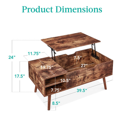 Wooden Mid-Century Modern Lift Top Coffee Table w/ Removable Shelf