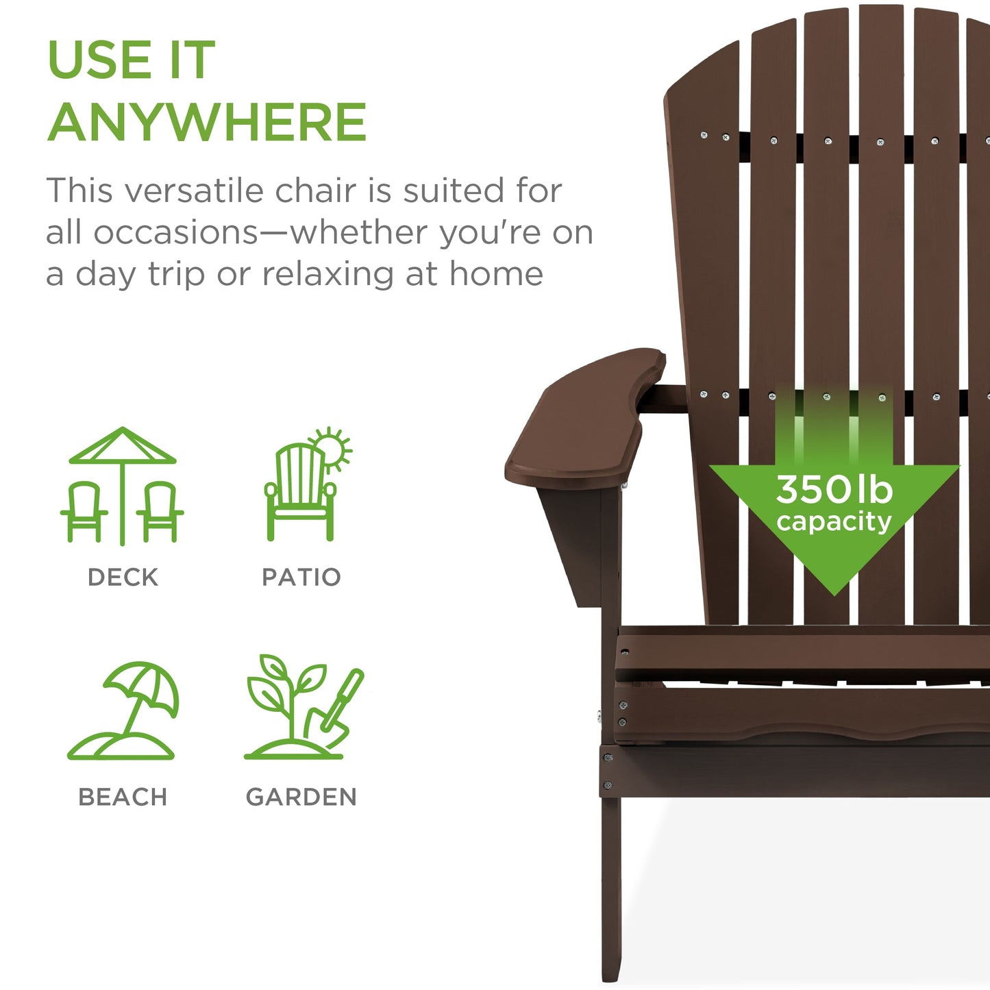 Folding Wooden Adirondack Chair, Accent Furniture w/ Natural Woodgrain