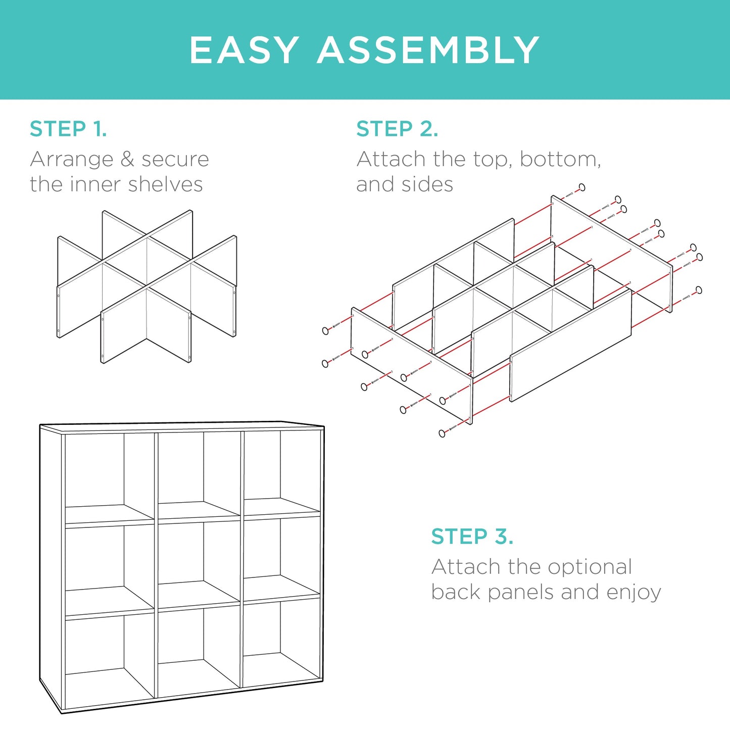 9-Cube Bookshelf Storage Display w/ 3 Removable Panels, Customizable Design