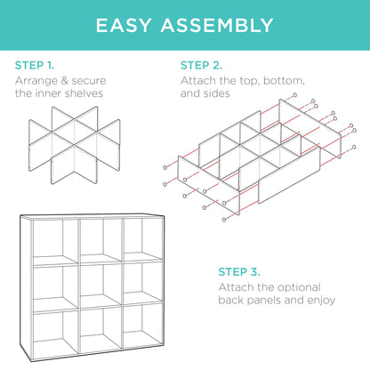 9-Cube Bookshelf Storage Display w/ 3 Removable Panels, Customizable Design