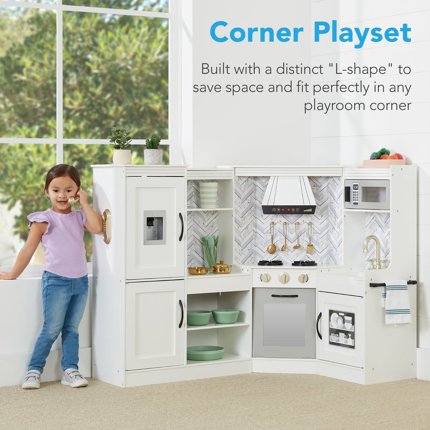 Pretend Play Corner Kitchen Wooden Toy Set for Kids w/ 6 Accessories