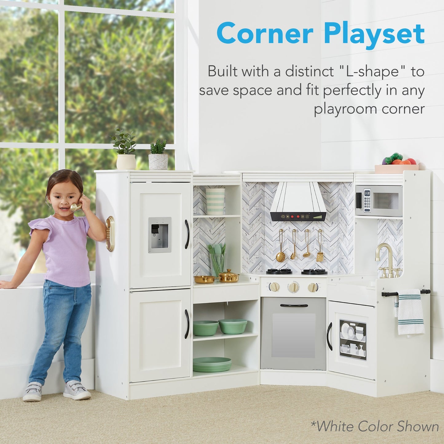 Pretend Play Corner Kitchen Wooden Toy Set for Kids w/ 6 Accessories