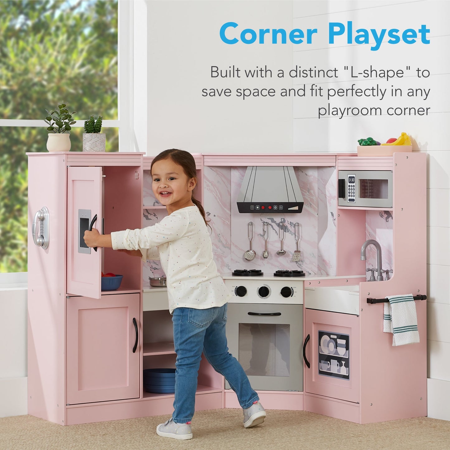 Pretend Play Corner Kitchen Wooden Toy Set for Kids w/ 6 Accessories