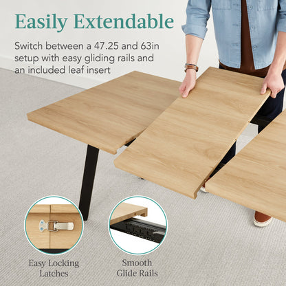 Modern Extendable Dining Table w/ Leaf Extension, 2 Locks - 47 to 63in