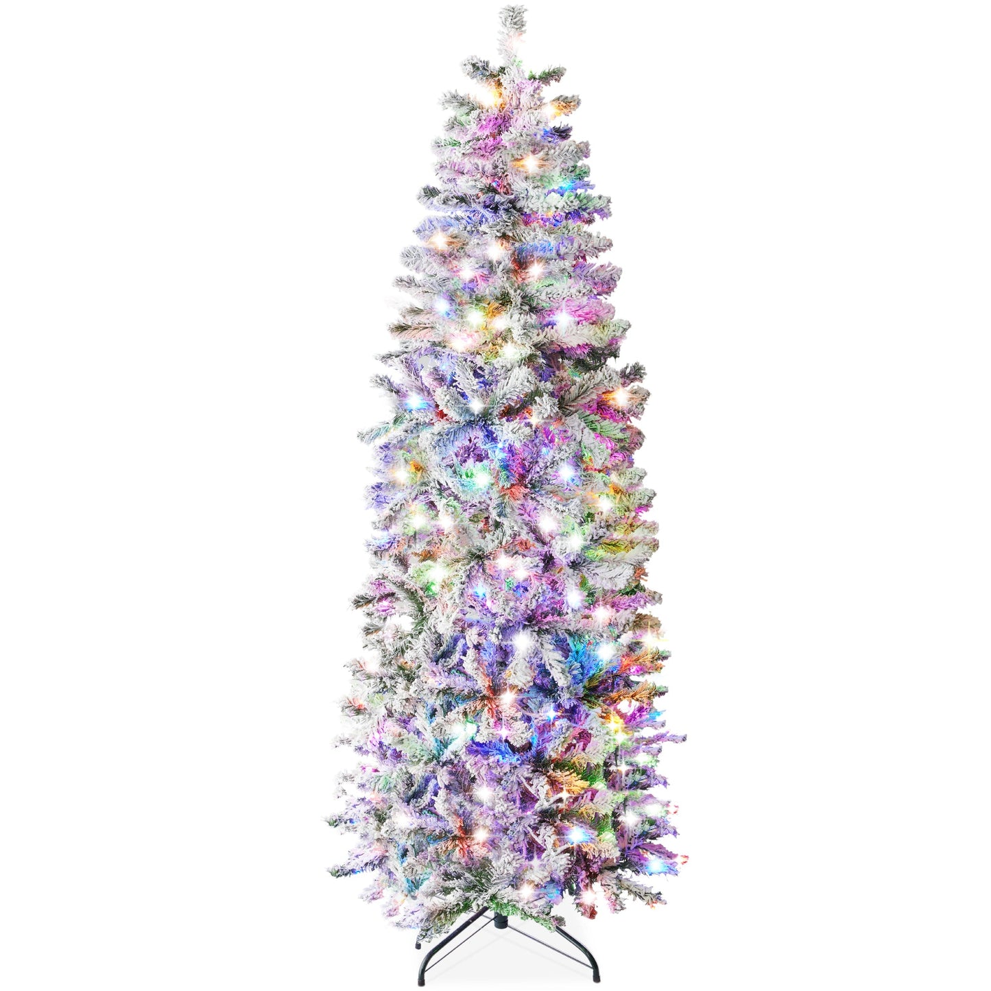 Pre-Lit Snow Flocked Artificial Pencil Christmas Tree w/ Multicolor Lights